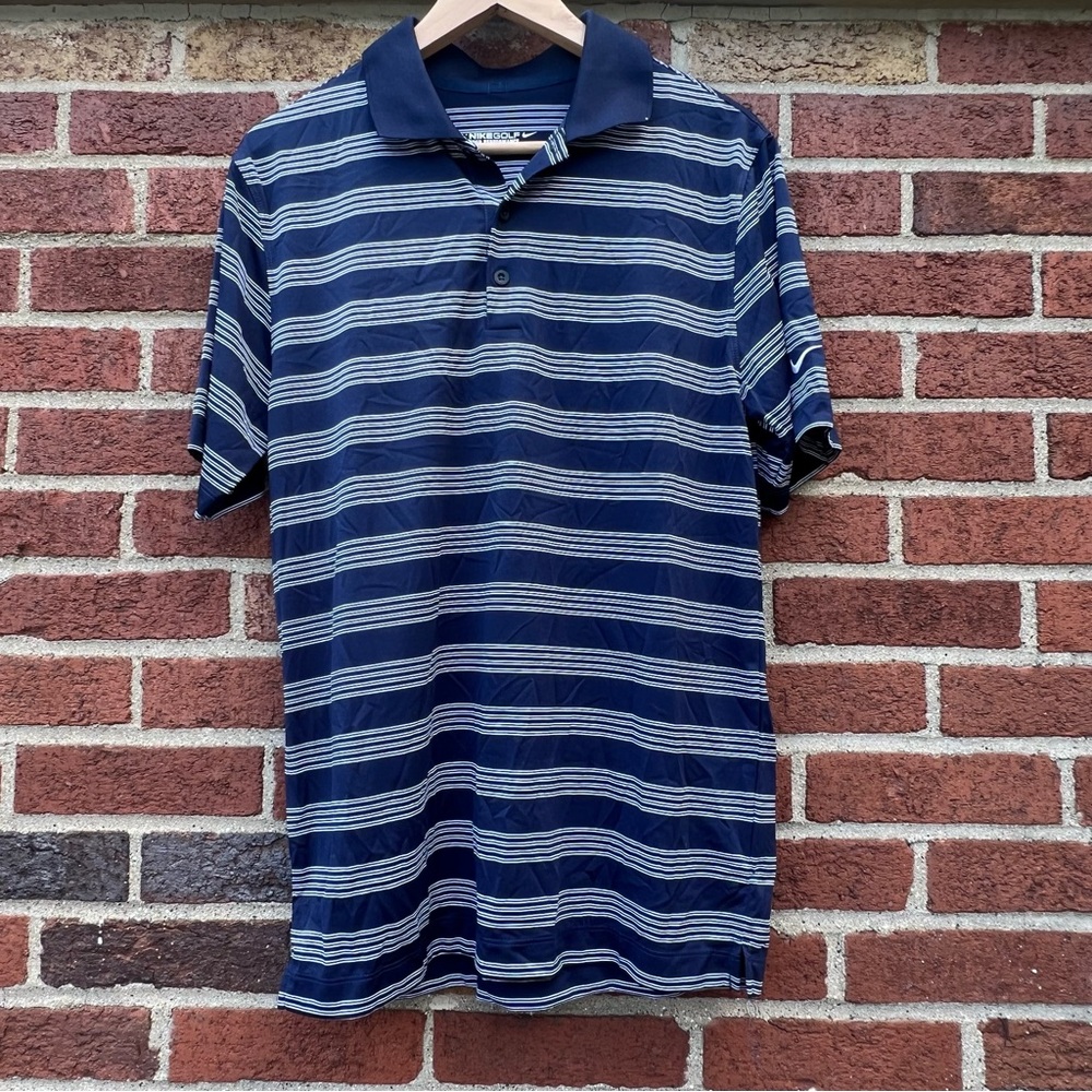 Nike Tour Performance Dri Fit Polo Shirt Mens Blue Stripe Short Sleeve Size SM